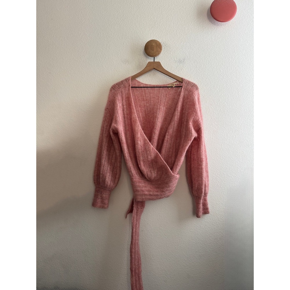 Sezane Pink Mohair Wool Blend Reversible Wrap Pointelle Sweater Size Medium